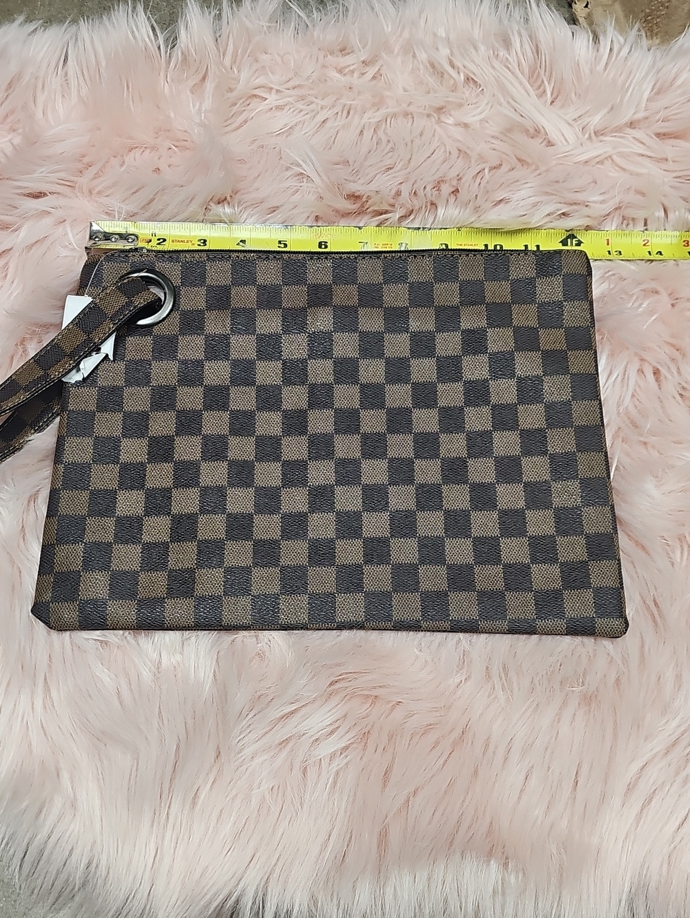 Brown Checkered Wristlet Pouch